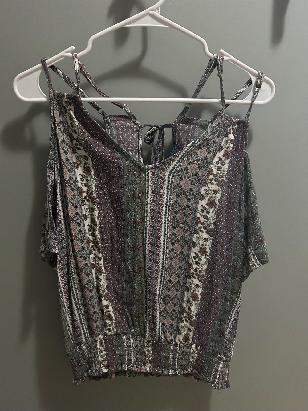 Daytrip Multi-Striped Cold-Shoulder Boho Top in Green and Brown